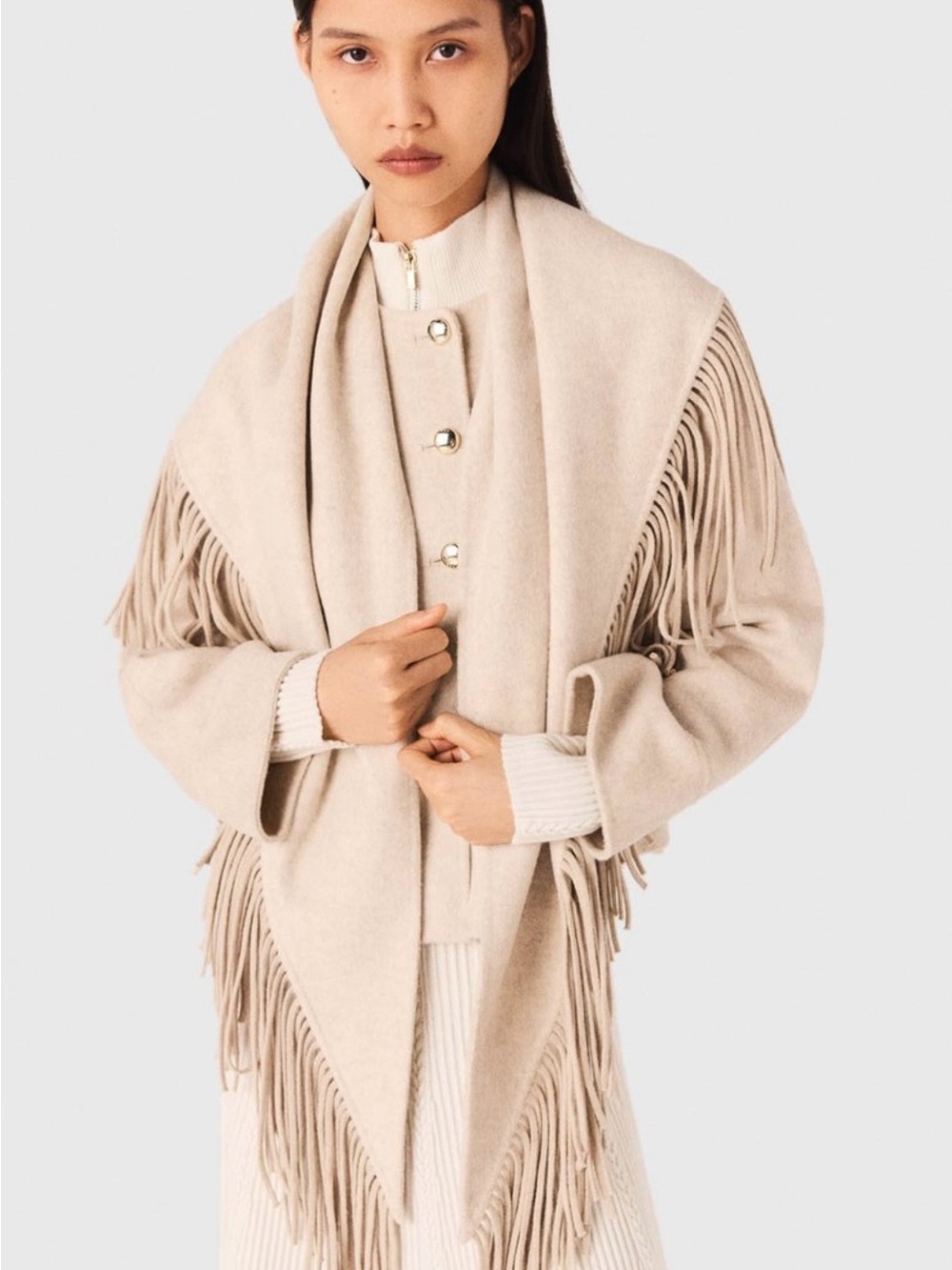 Fringed Cream Maxi Coat - Unbranded